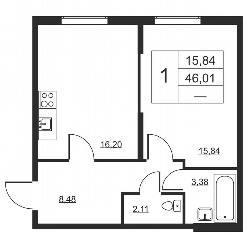 1-к. квартира, 46 м², 2/19 эт.