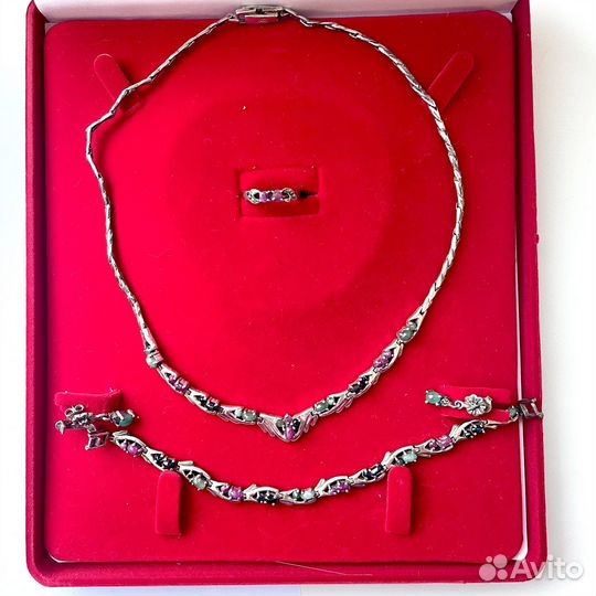Комплект серебро серьги, кольцо, колье, браслет