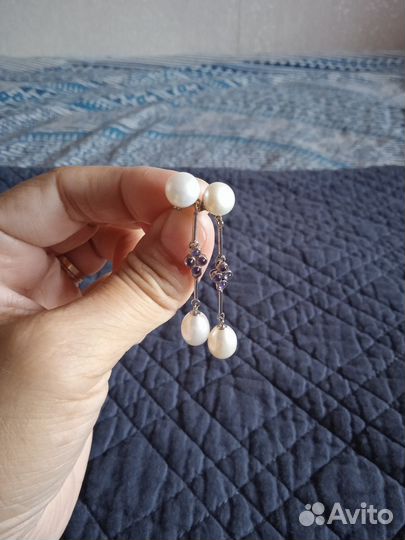 Серебрянные серьги и кулон с жемчугом и аметистом