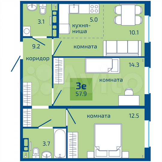 3-к. квартира, 57,9 м², 10/10 эт.