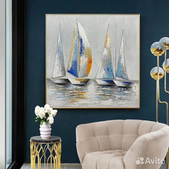 Яркая картина маслом на холсте парусники