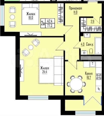 2-к. квартира, 77,3 м², 4/12 эт.