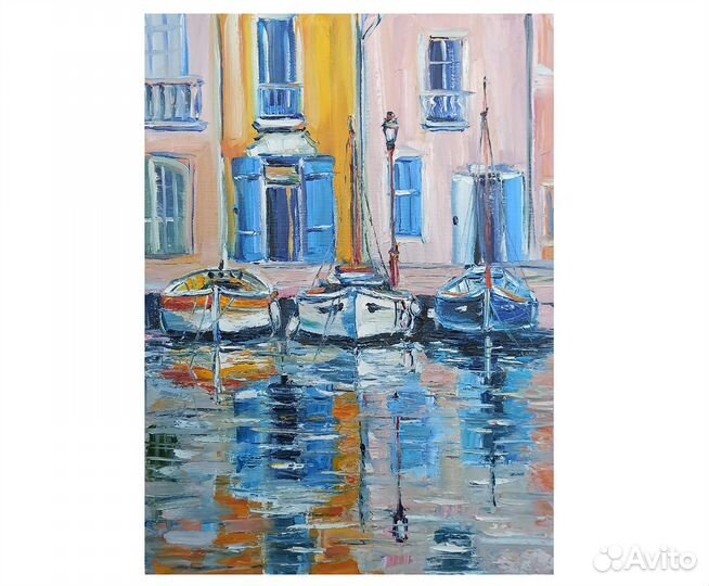 Картина лодки город маслом на холсте пейзаж 35х45