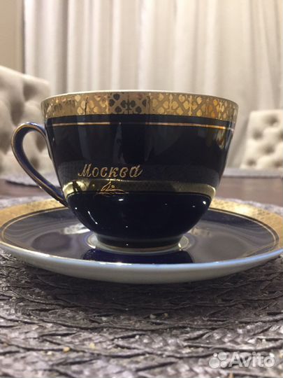 Чайная пара, винтаж / Москва - Кремль / кобальт