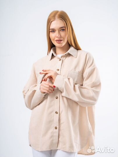 Женская бежевая Рубашка вельветовая оверсайз