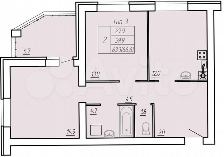 2-к. квартира, 66,6 м², 6/9 эт.
