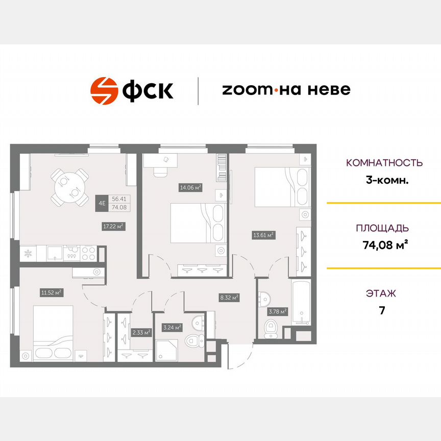 3-к. апартаменты, 74,1 м², 7/17 эт.