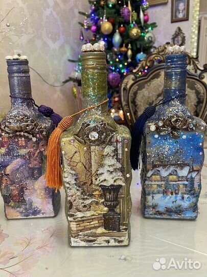 Бутылки в стиле обьемный декупаж