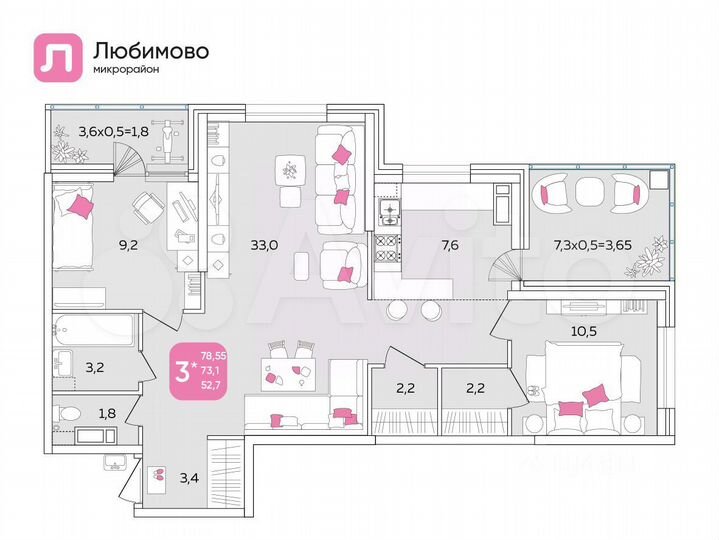 3-к. квартира, 77,1 м², 12/24 эт.