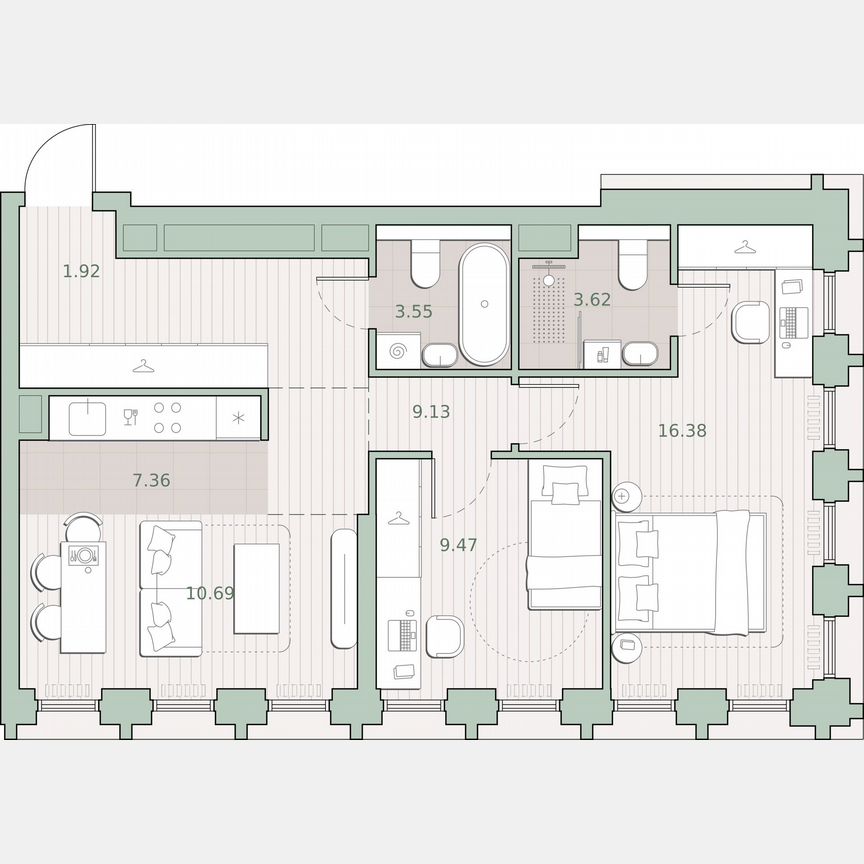 2-к. квартира, 62,1 м², 23/44 эт.