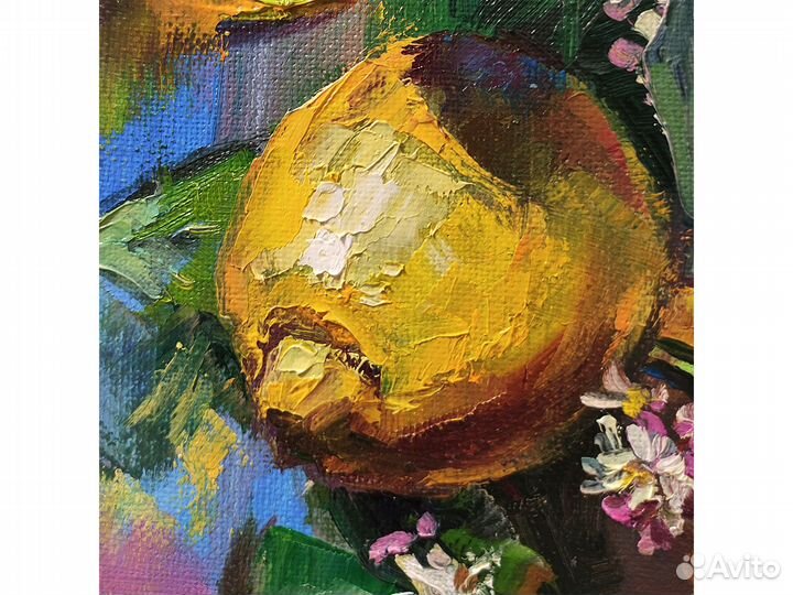 Картина лимоны на ветке маслом на холсте, фрукты