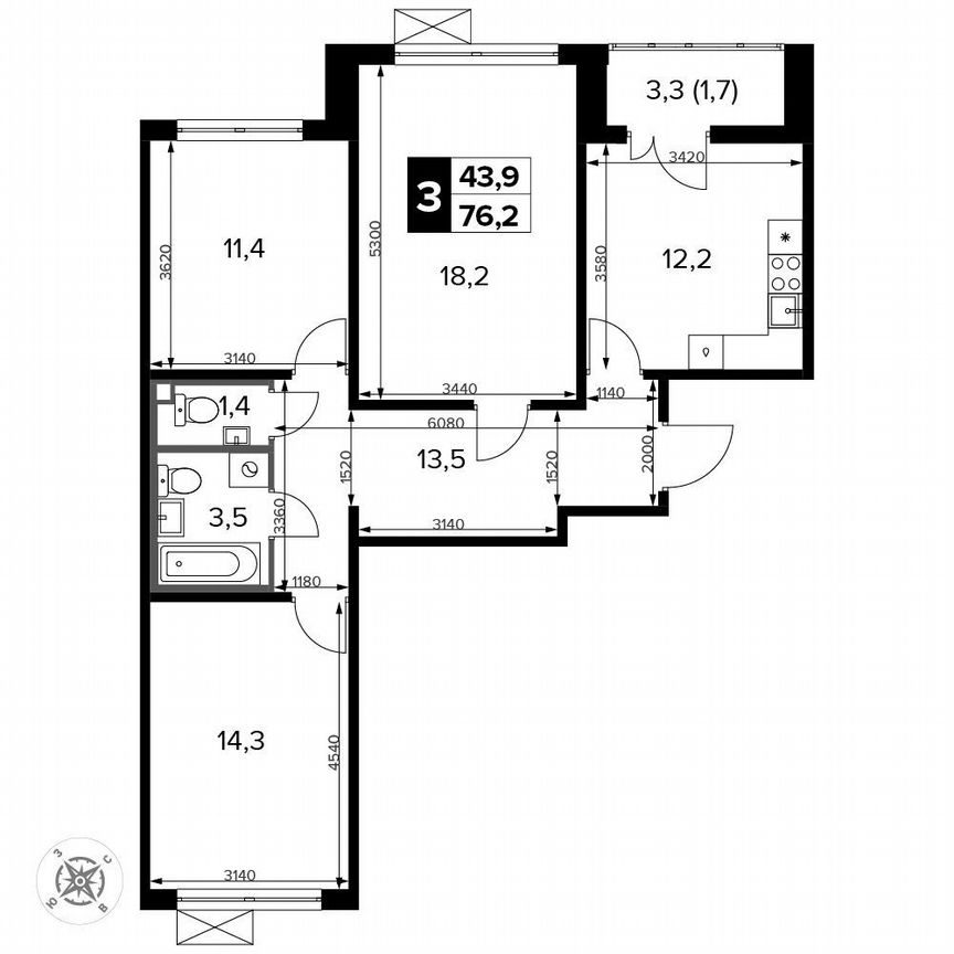 3-к. квартира, 76,2 м², 14/14 эт.