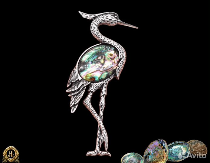 Брошь с морским перламутром Абалон Журавль