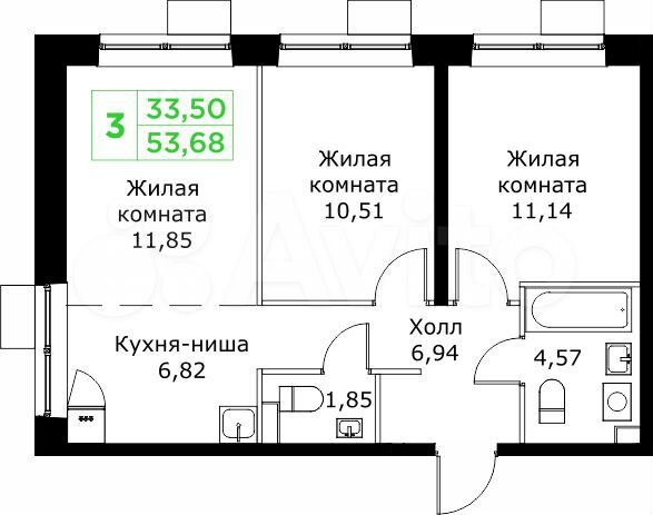 3-к. квартира, 53,7 м², 15/25 эт.