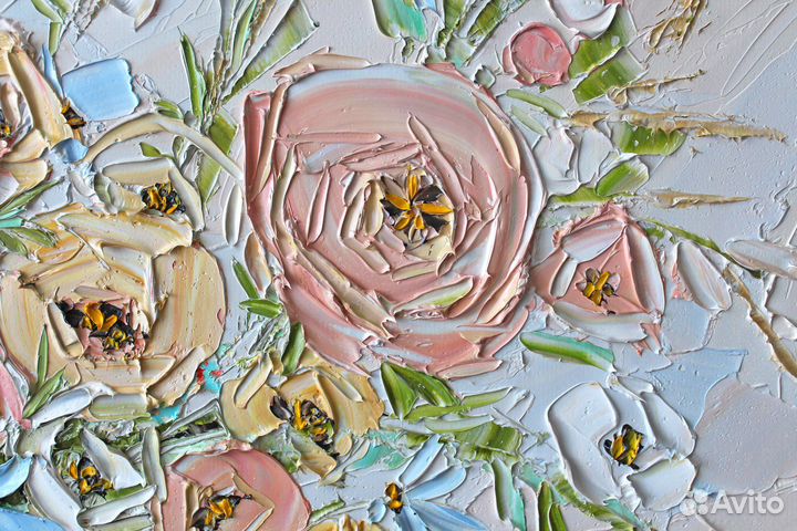 Картина с букетом роз абстрактная текстурная масло