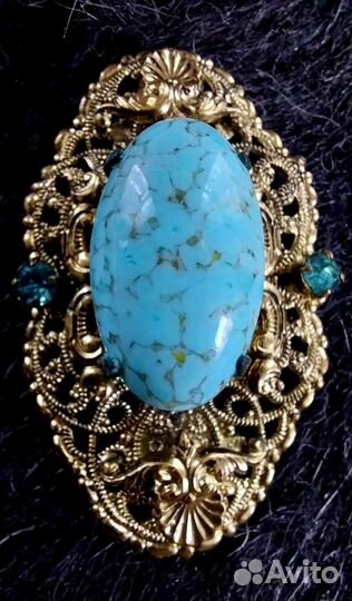 Брошь бирюза лазурит/винтаж, филигрань латунь