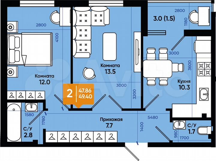 2-к. квартира, 49,4 м², 1/9 эт.