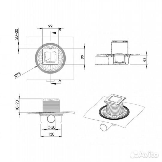 Душевой трап Berges Wasserhaus Zentrum Uno 100x10