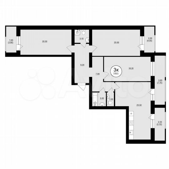 3-к. квартира, 119,2 м², 1/8 эт.