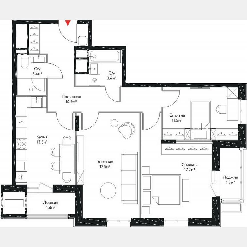 3-к. квартира, 84,5 м², 5/17 эт.