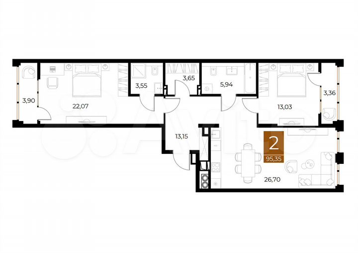 2-к. квартира, 95,4 м², 4/8 эт.