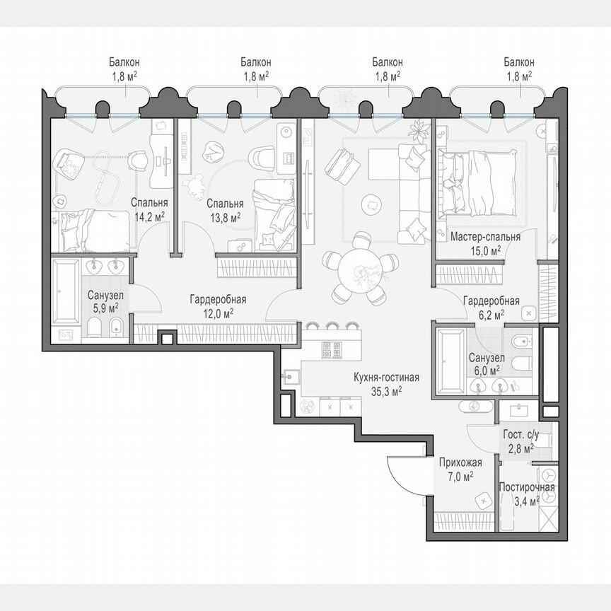 3-к. квартира, 123,6 м², 4/13 эт.
