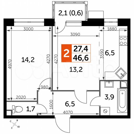 2-к. квартира, 46,6 м², 2/21 эт.