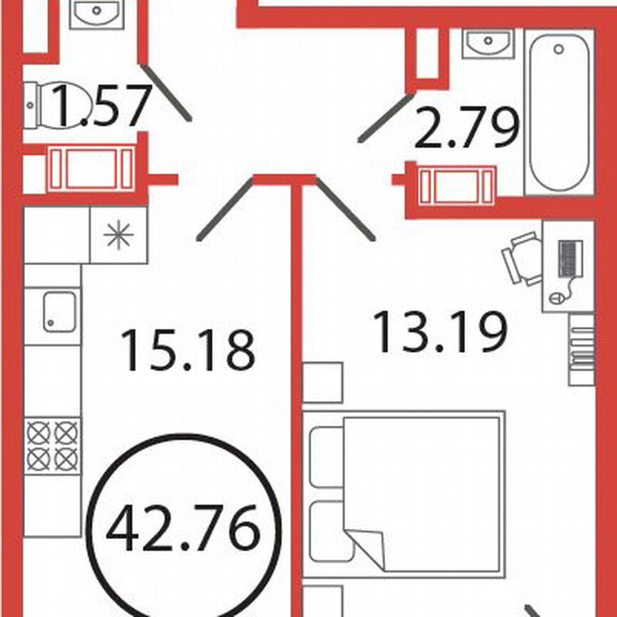 1-к. квартира, 42,8 м², 4/12 эт.