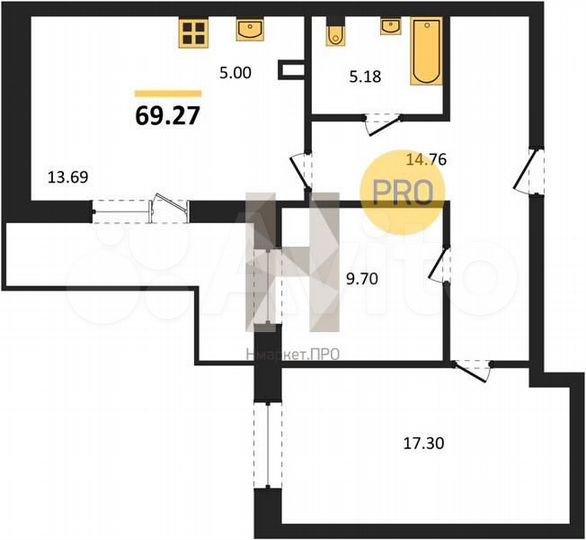 2-к. квартира, 69,3 м², 24/25 эт.