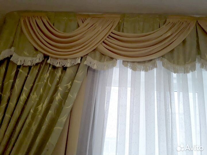 Шторы + ламбрекен двухцветные плотные + скатерть