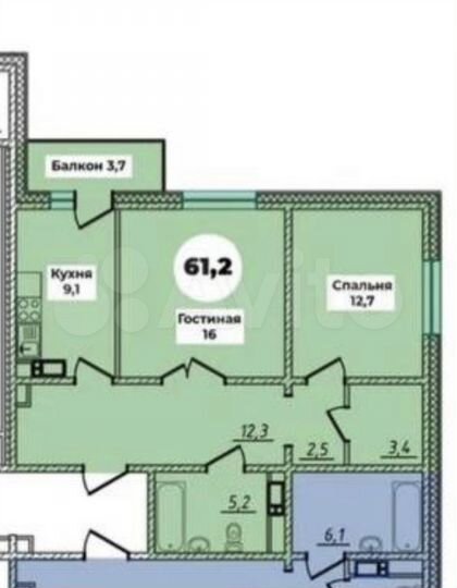 2-к. квартира, 61,2 м², 1/16 эт.