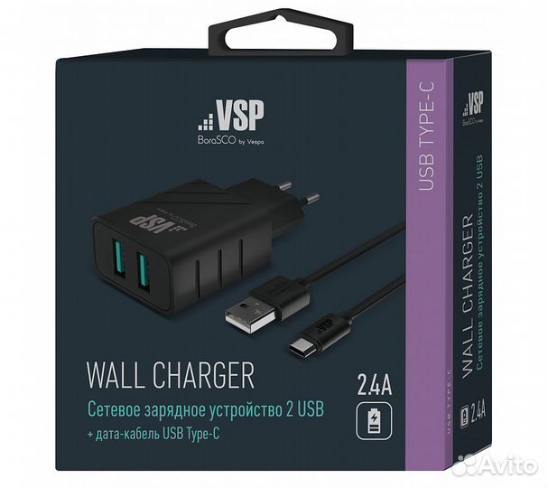 Сзу адаптер 2 USB 2.4A + Дата-кабель Type-C 2А (10