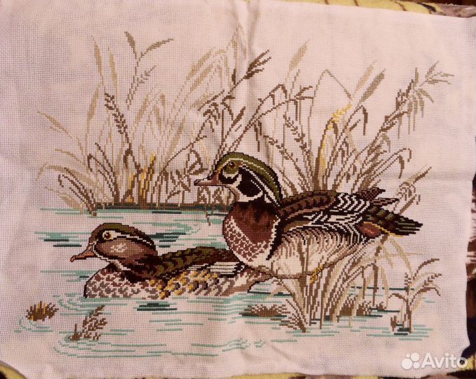 Вышивка крестом Пейзаж : Утки, камыш, река