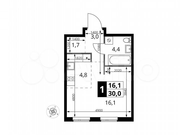 Квартира-студия, 30 м², 2/15 эт.