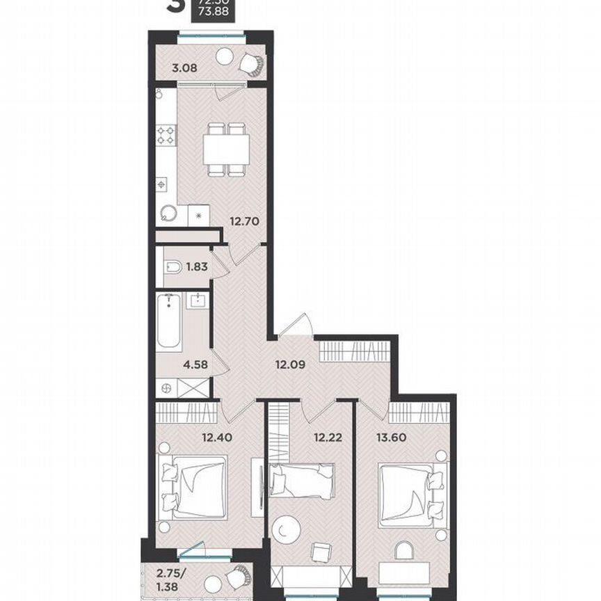 3-к. квартира, 73,9 м², 3/4 эт.