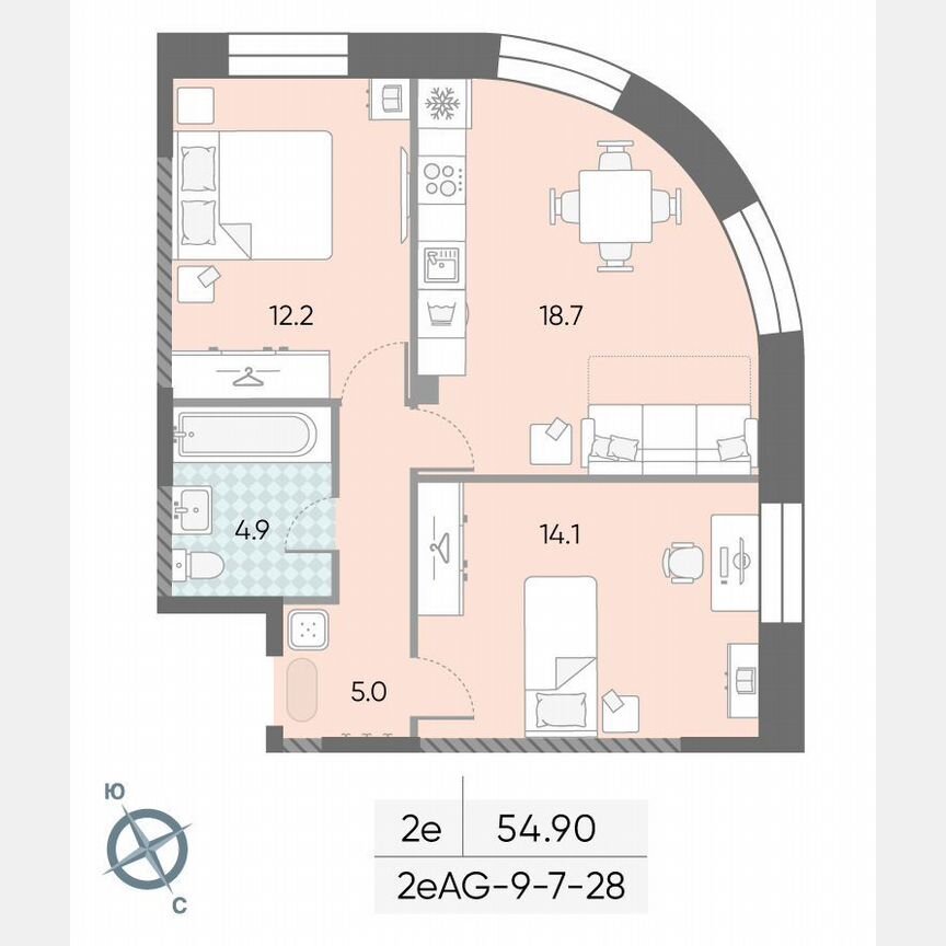2-к. квартира, 54,9 м², 23/28 эт.