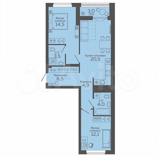 2-к. квартира, 67,5 м², 20/25 эт.