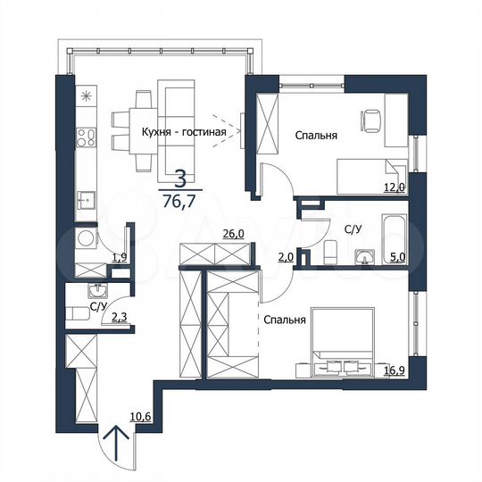 3-к. квартира, 76,6 м², 7/24 эт.