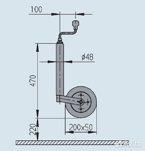 Опорное колесо для прицепа D48, 150 кг, L470(+2