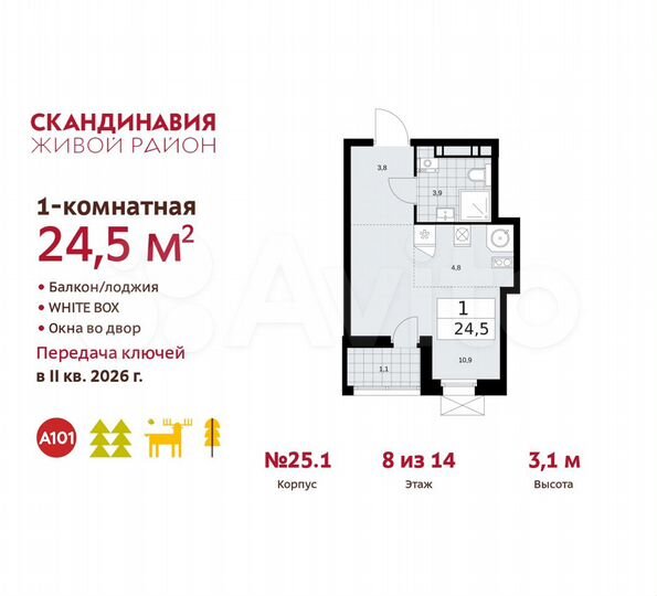 Квартира-студия, 24,5 м², 8/14 эт.