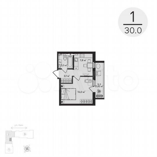 1-к. квартира, 30 м², 10/12 эт.