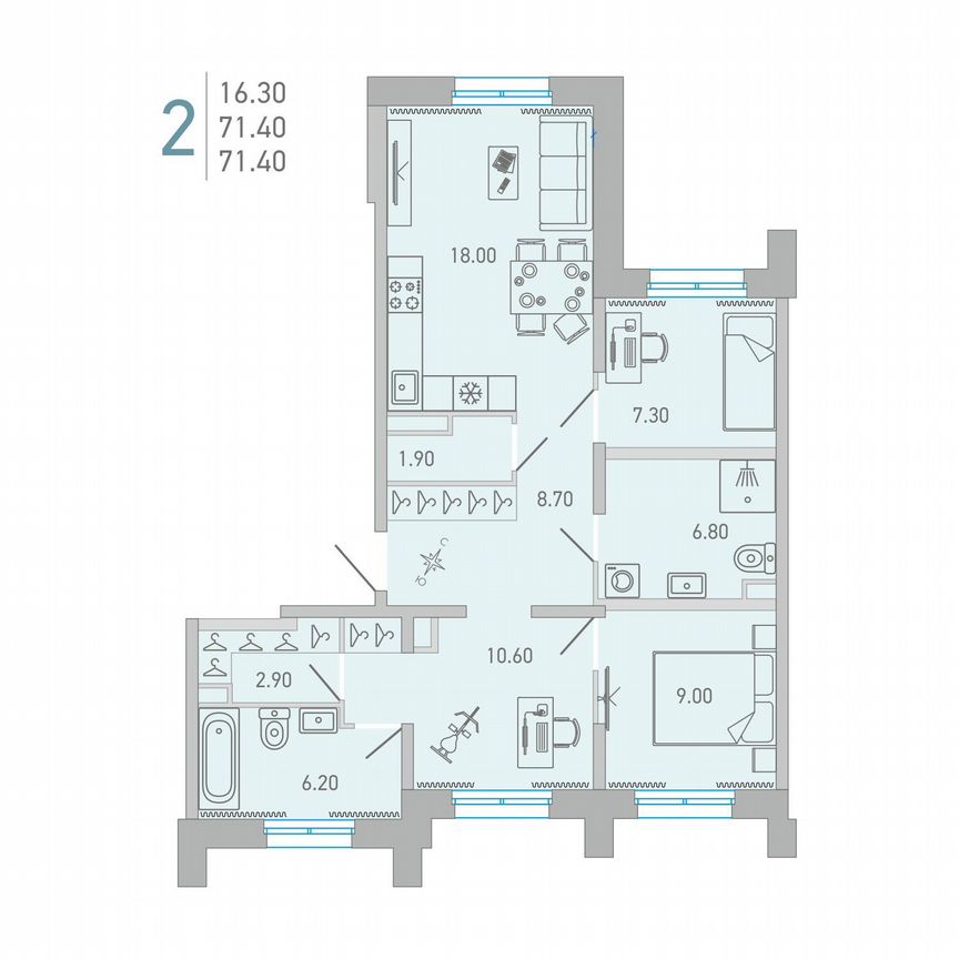 2-к. квартира, 71,4 м², 2/17 эт.