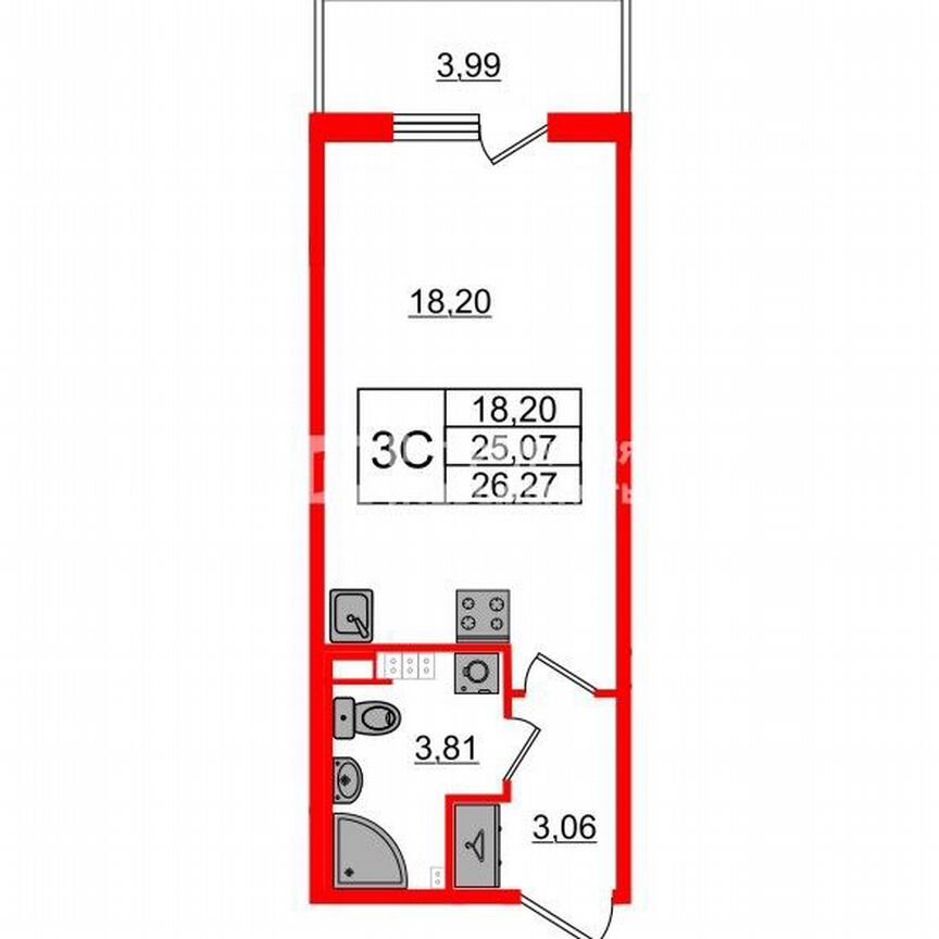 Квартира-студия, 25,1 м², 3/4 эт.