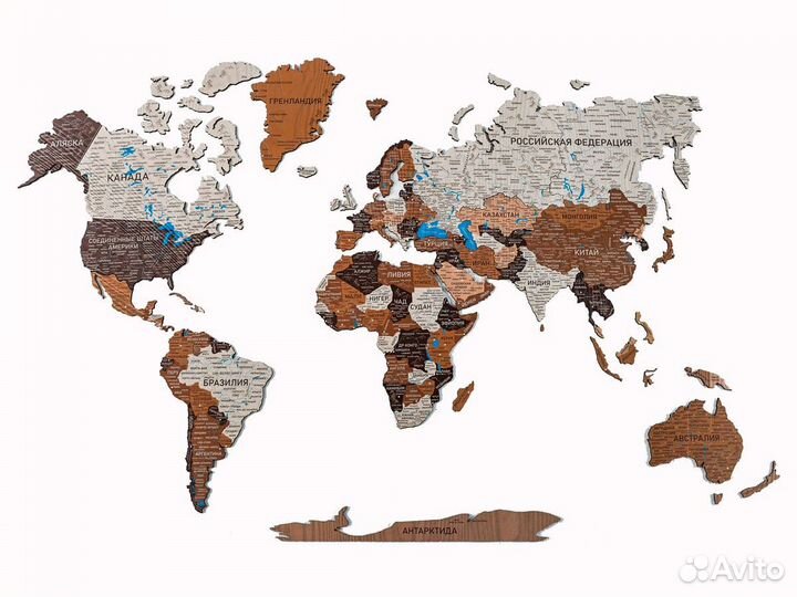 Деревянная карта мира из дерева настенная, Орехово