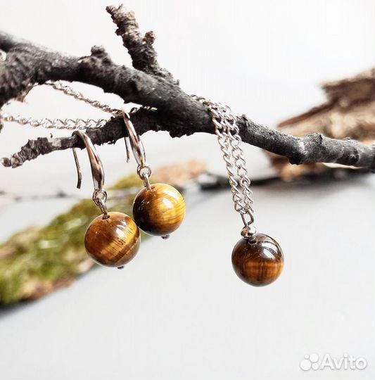 Набор,серьги и кулон с с тигровым глазом.Подарок