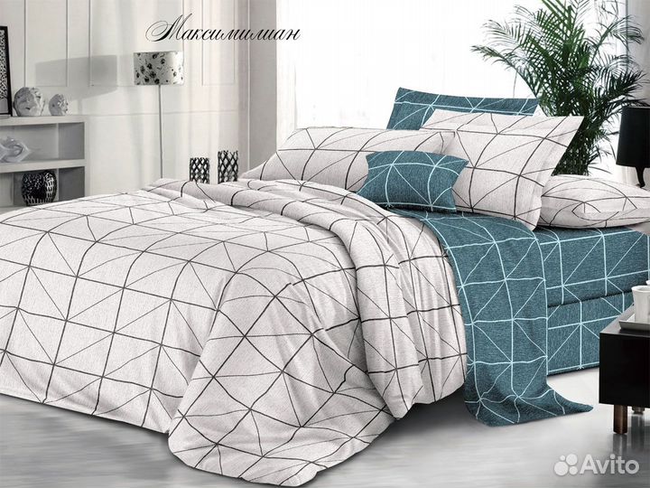 Постельное белье (семейное, поплин, белое/синее)