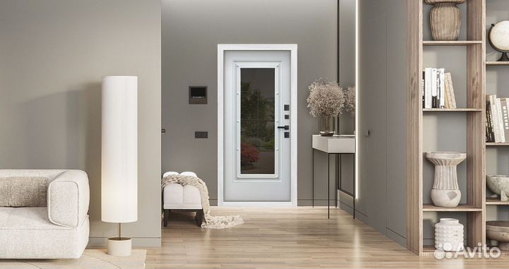 Дверь входная серая с большим окном и терморазрыво