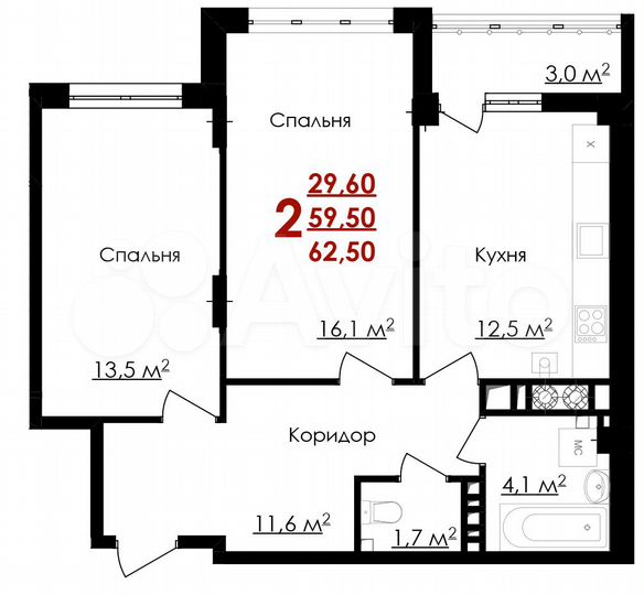 2-к. квартира, 62,5 м², 8/9 эт.