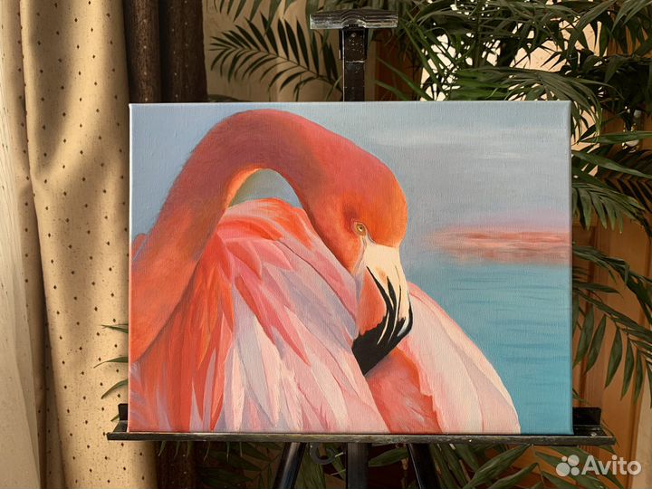 Картина маслом на холсте «Розовый фламинго