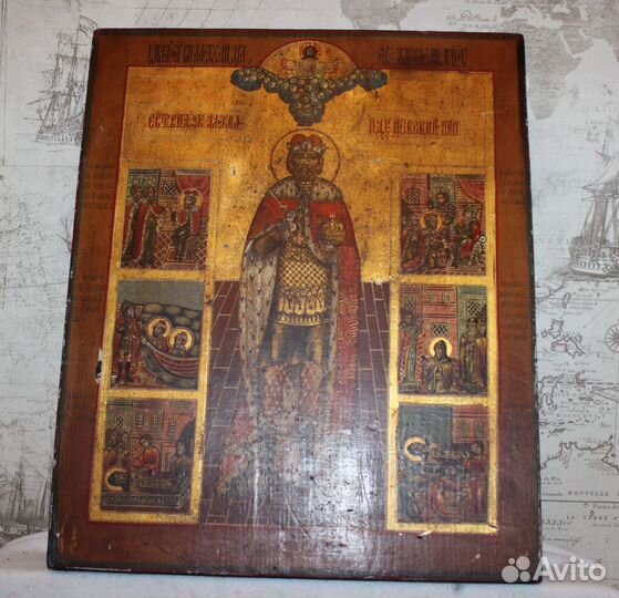 Старая икона Александр Невский с житием 49*41*4см